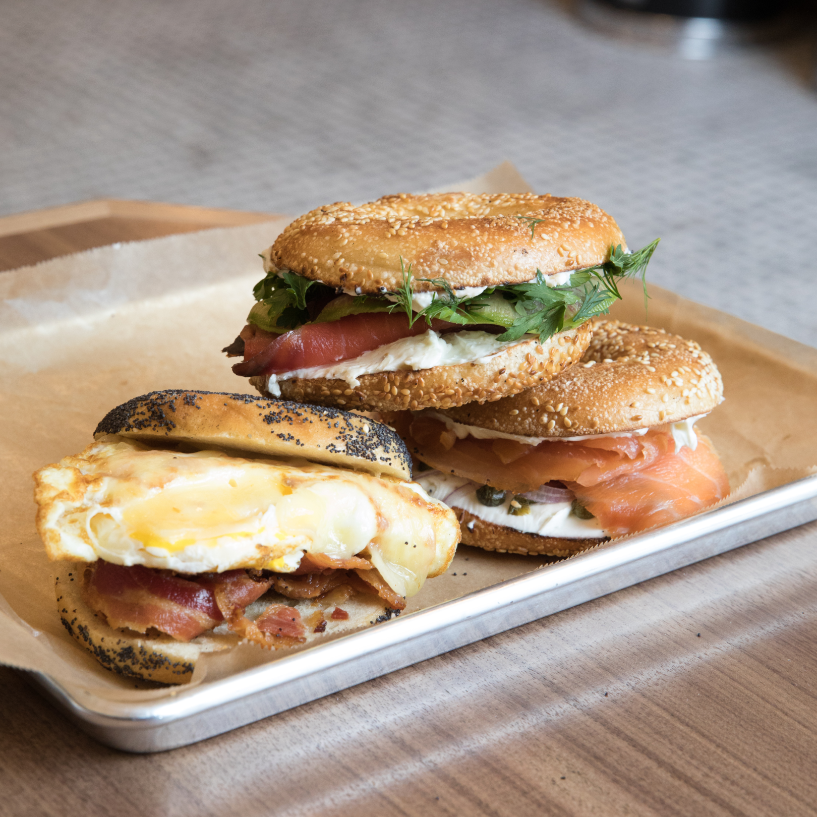 Three bagel breakfast sandwiches from Black Seed Bagels at Rockefeller Center