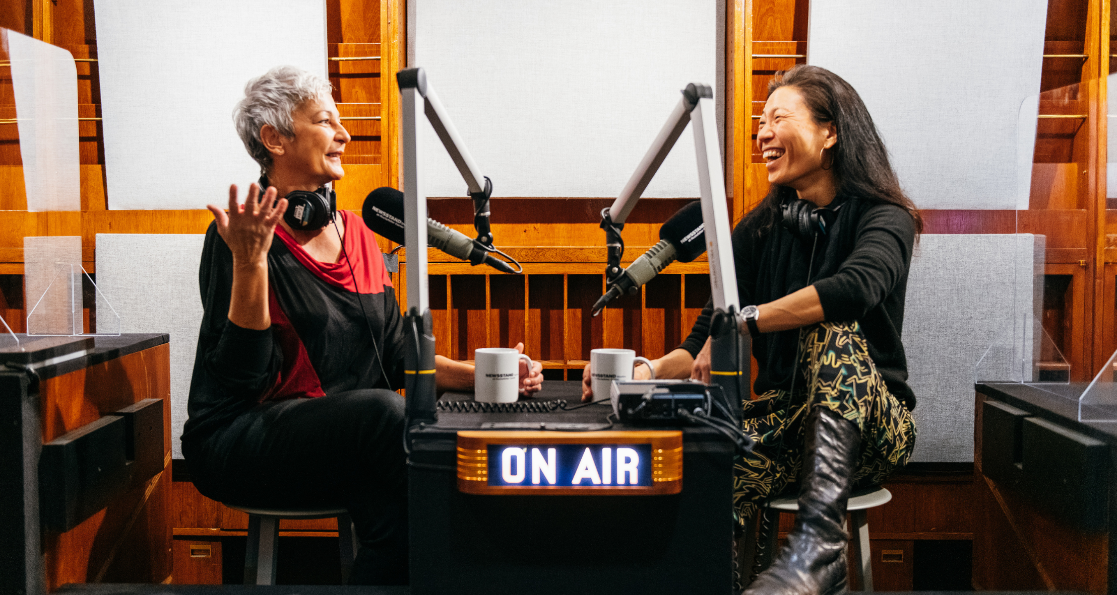 Wanda Acosta and Karen Song recording their podcast Sundays at Café Tabac in Newsstand Studios at Rockefeller Center