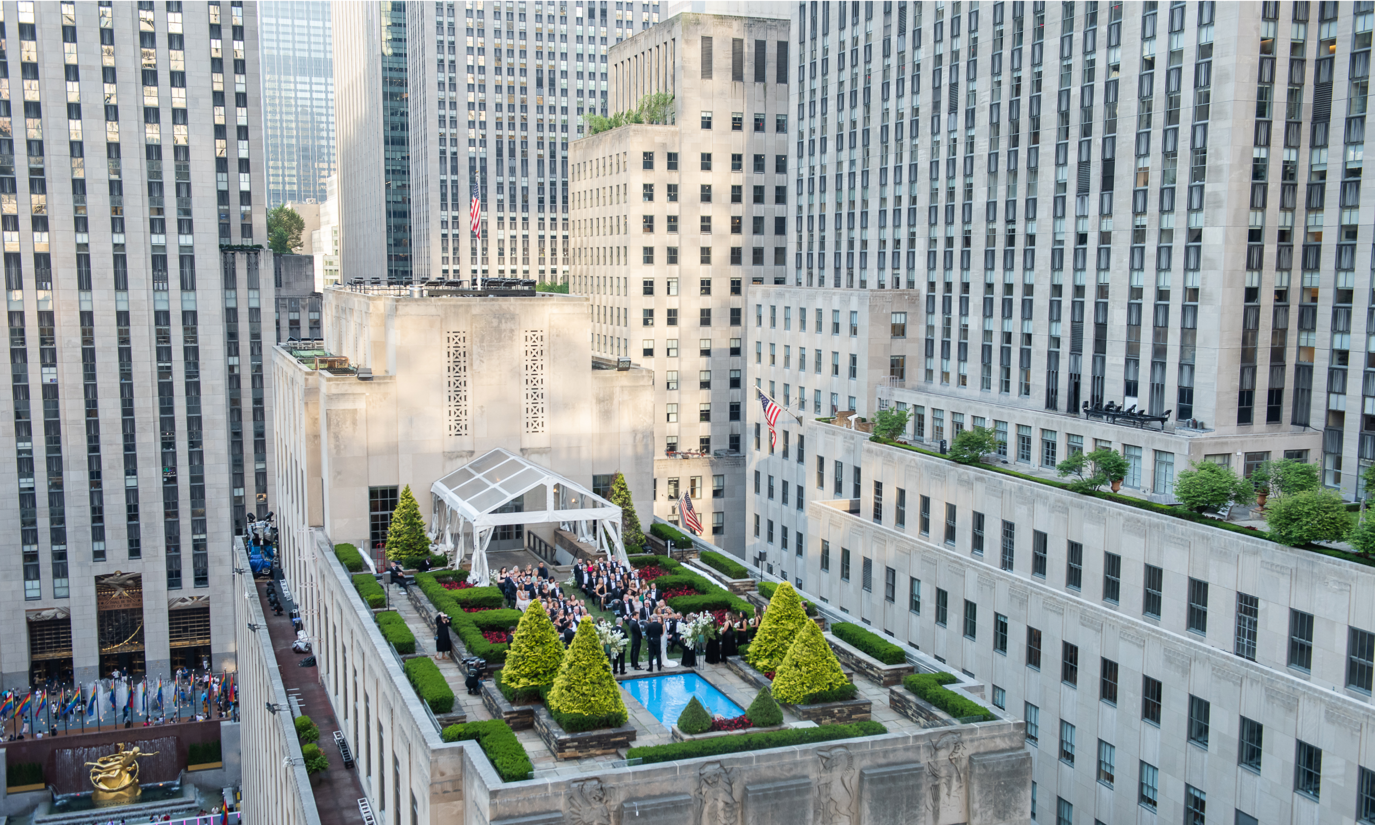 Aerial view of a wedding hosted at 620 Loft & Garden