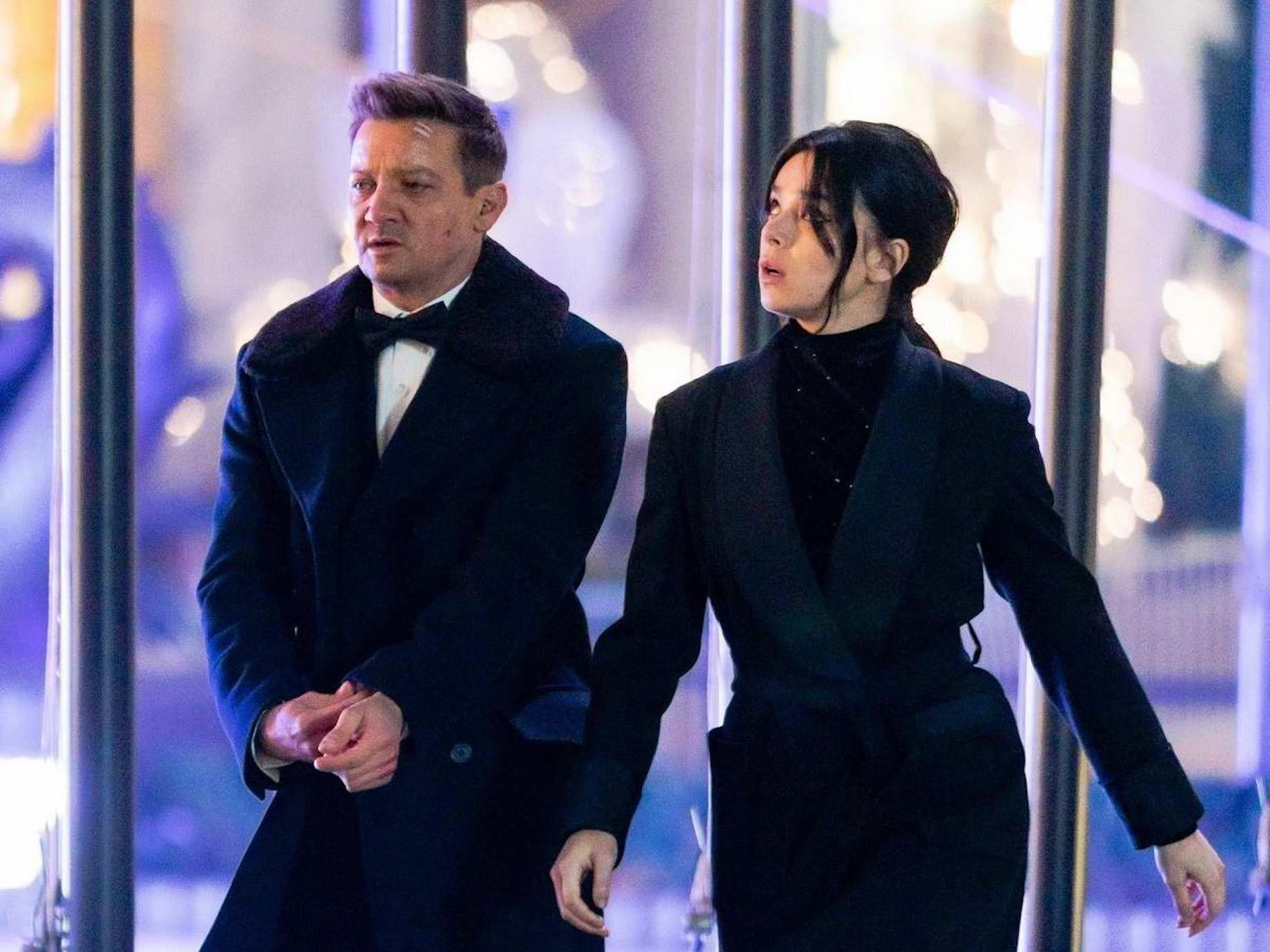 Jeremy Renner and Hailee Steinfeld filming Hawkeye at Rockefeller Center