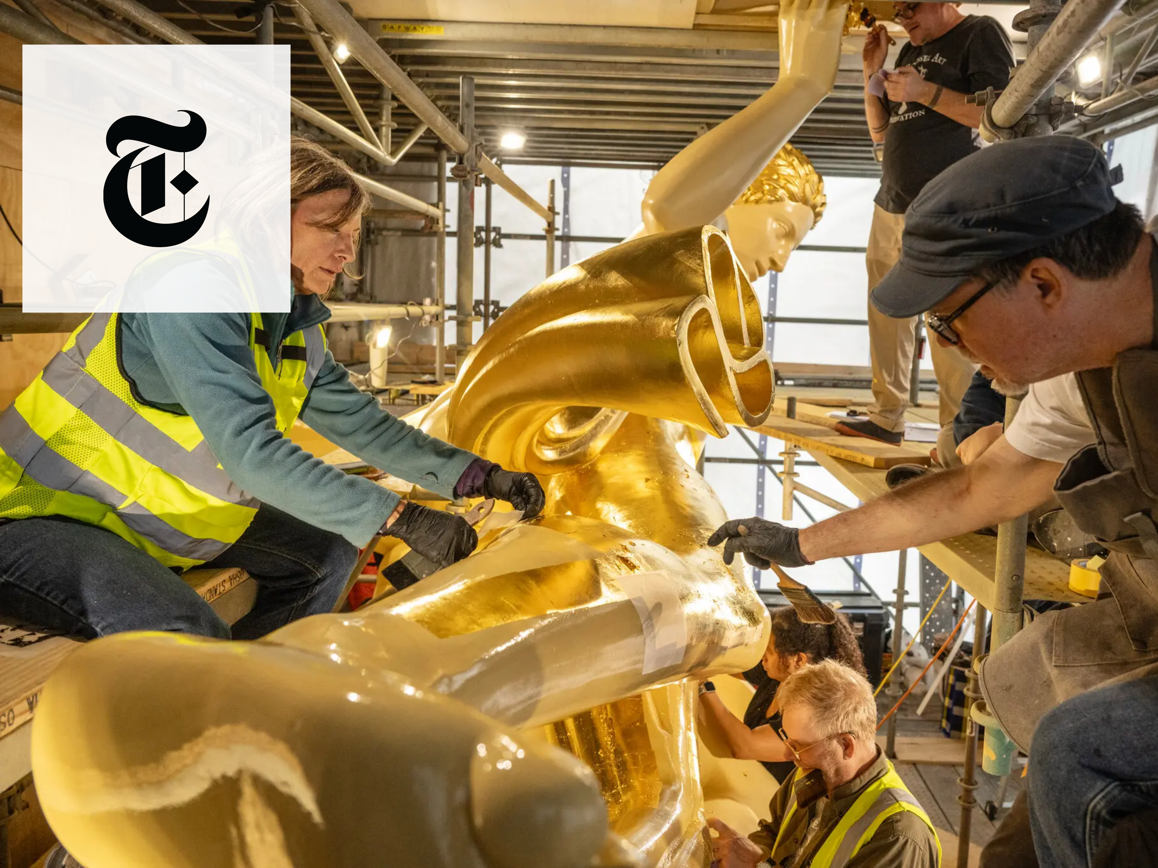 a team restoring prometheus at rockefeller center