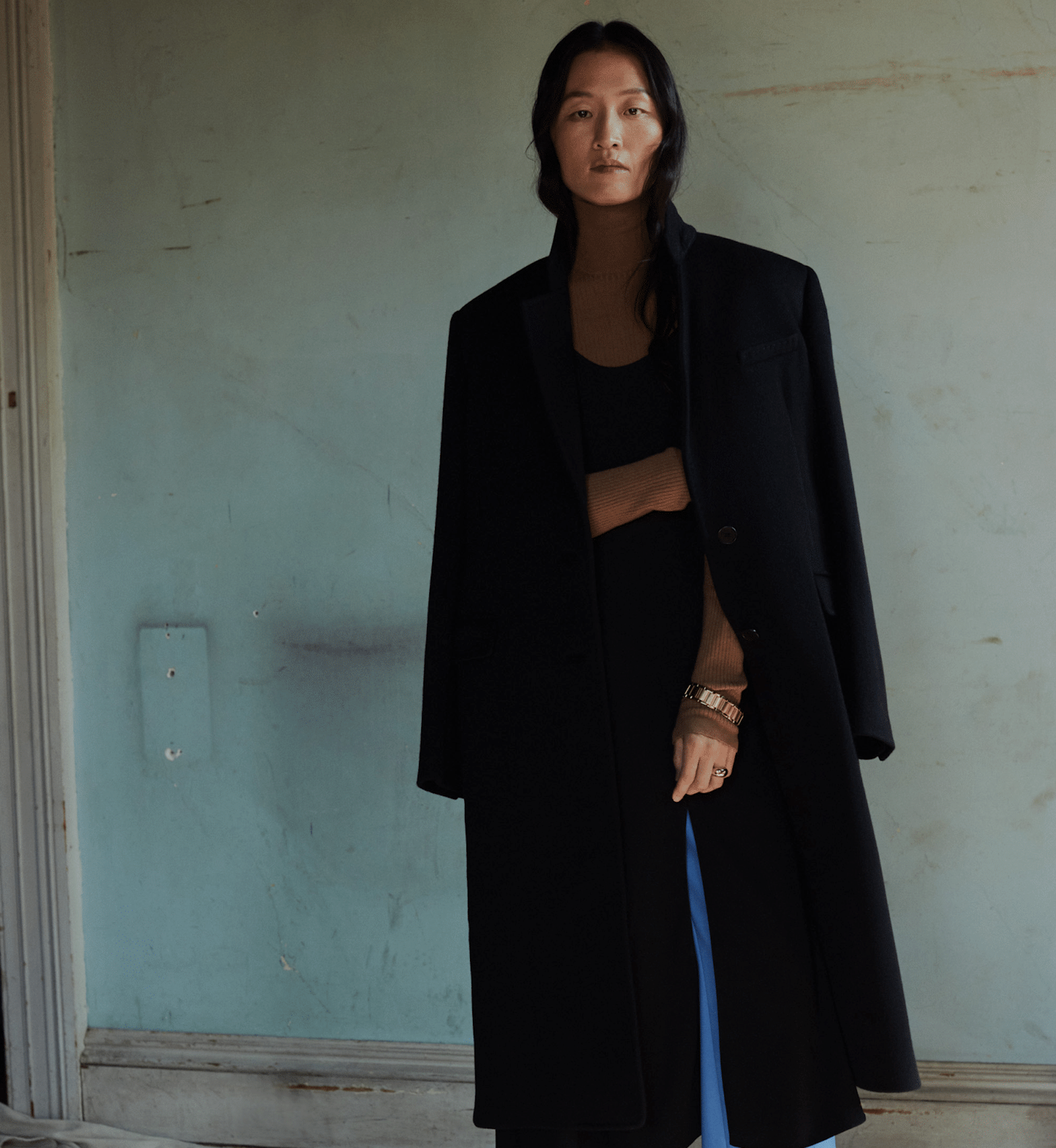 Model wearing the Tailored Coat from Another Tomorrow