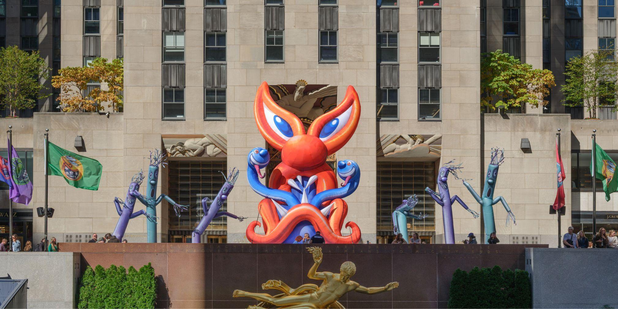 kenny scharfs scary monsters installation at rockefeller center