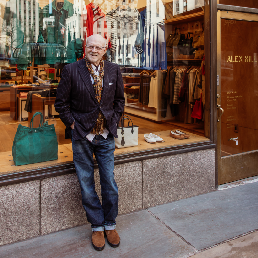 Mickey Drexler standing outside of the Alex Mill store at Rockefeller Center