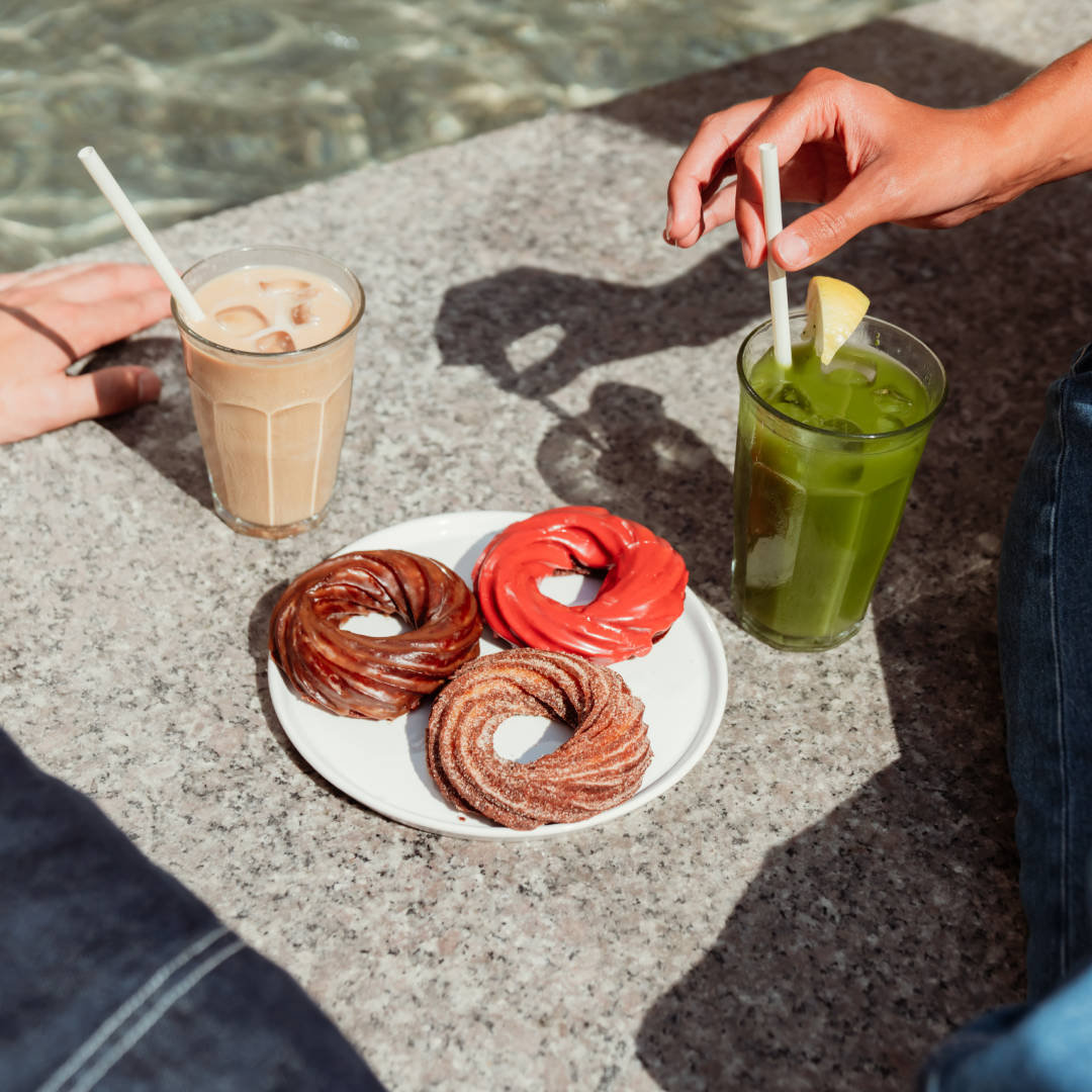 Various crullers and drinks from Daily Provisions at Rockefeller Center