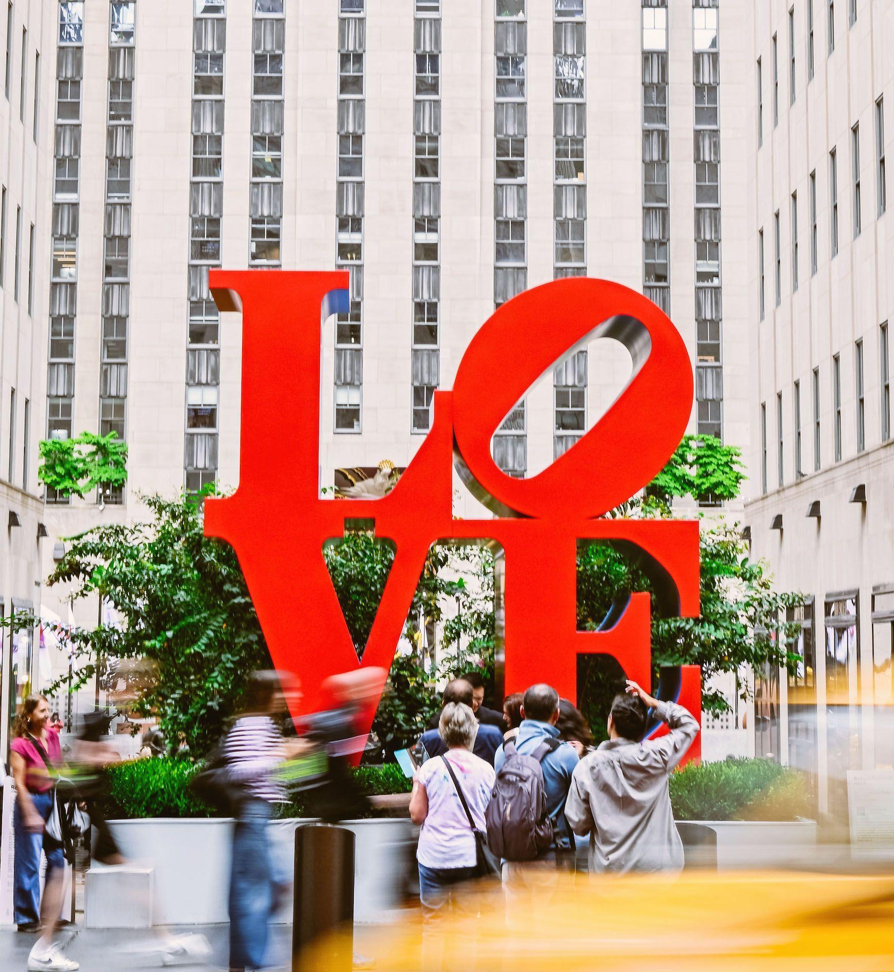 Artist Robert Indiana's "Love" sculpture on display in the Channel Gardens at Rockefeller Center