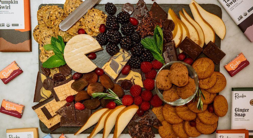 Dessert charcuterie board featuring Raaka chocolate