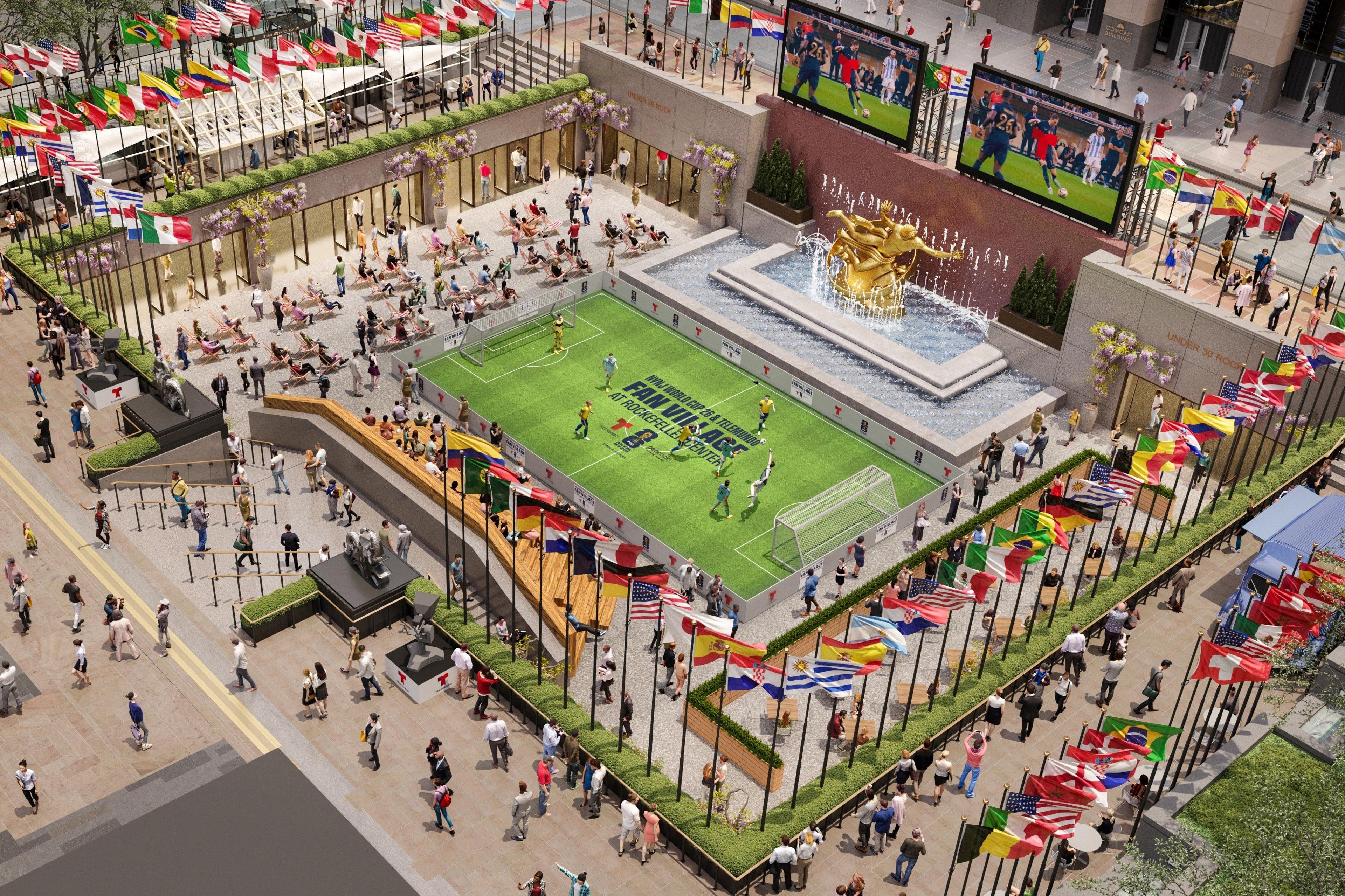 Rendering of NYNJ World Cup 26 & Telemundo Fan Village at Rockefeller Center