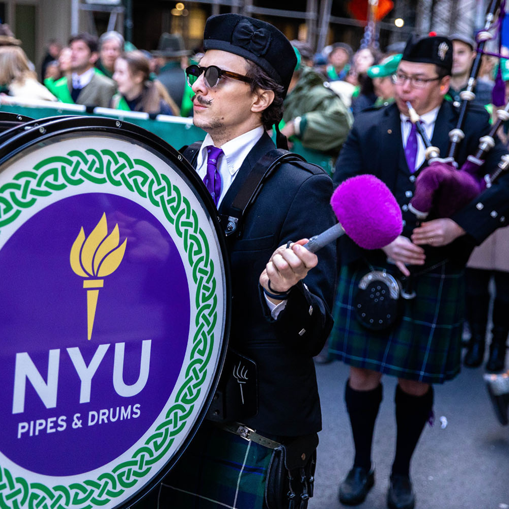 The New York University Pipes & Drums band marching during the St. Patrick's Day Parade