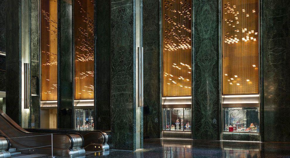 Sculptures by Max Colby on display in the lobby of 45 Rockefeller Plaza