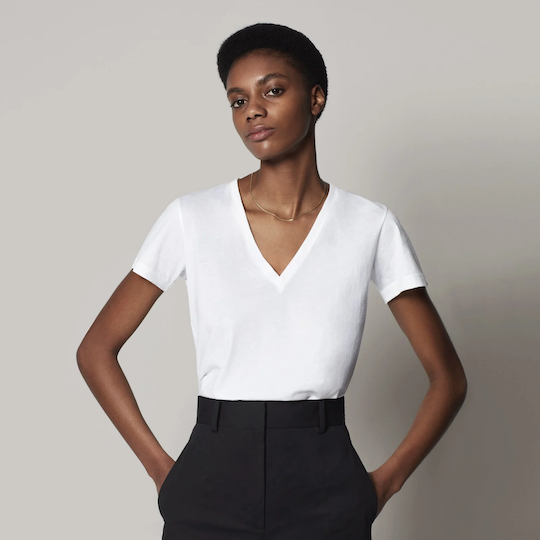 Model wearing the V-Neck in White from Another Tomorrow