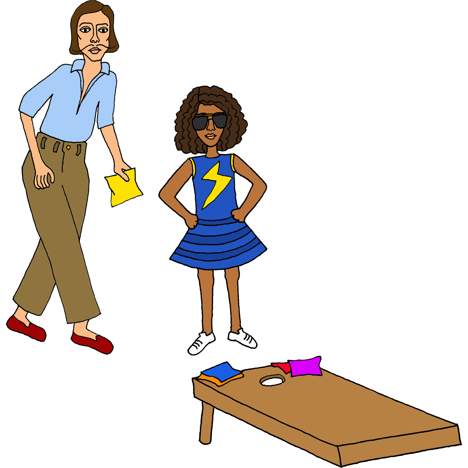 Adult and child playing lawn games illustrated by Angelica Hicks