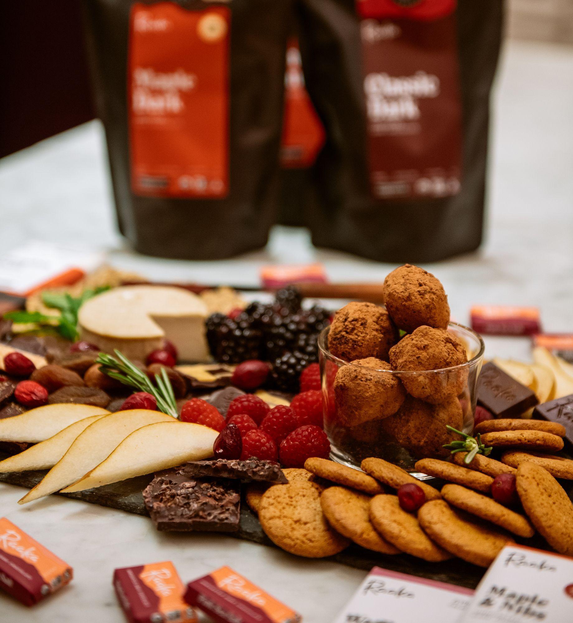 A dessert charcuterie board with truffles from Raaka chocolate