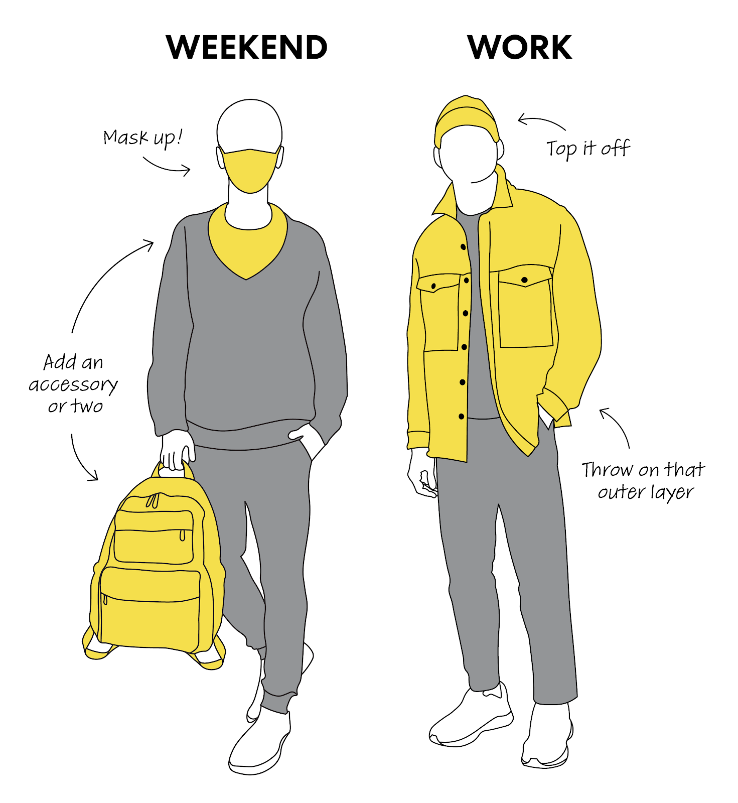 Illustration of two figures wearing clothing and accessories in the Pantone colors of the year.