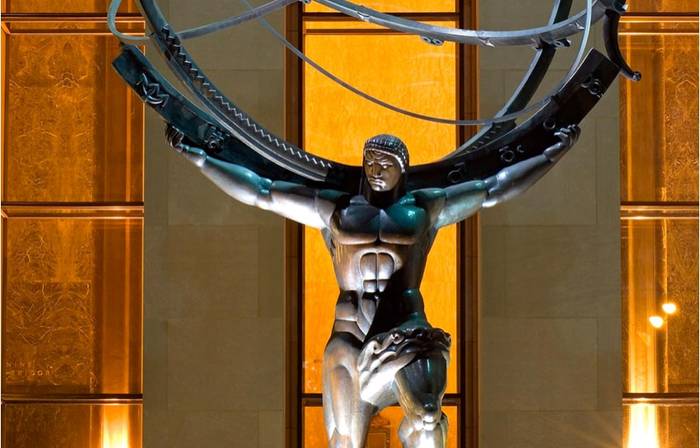 Statue of the Greek titan Atlas at Rockefeller Center, holding the heavens above his shoulders.