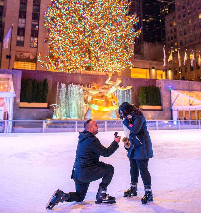 Marriage proposal at NYC's most romatic places to propose, the Rock Center rink.