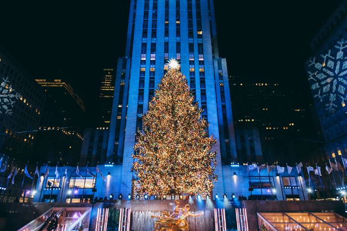 The famous Rockefeller Center Christmas Tree and Prometheus scupture by The Rink.